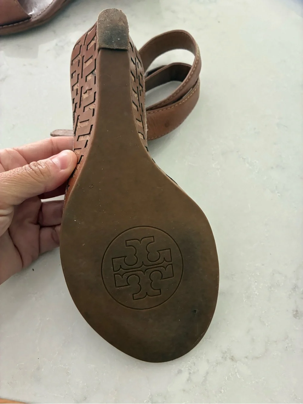 Tory Burch Cognac Leather Ankle-Strap Wedge Sandals